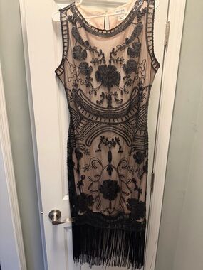 Unique Vintage Black Beaded Fringe Nude-Underlay Midi Dress